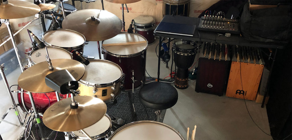 Image of Drum set and mixing table